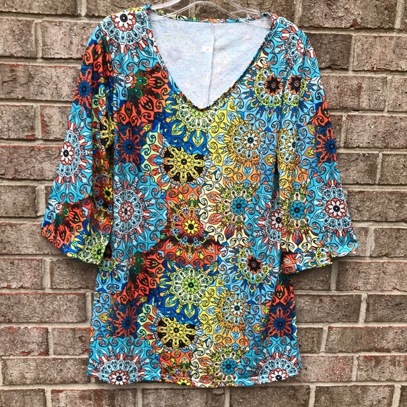 Mandala/Stained Glass Print V Neck Tunic/Mini Dress Multicolor Boho | M / L - Picture 2 of 10